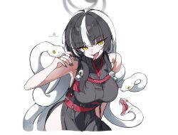 Rule 34 | 1girl, azami (blue archive), bare shoulders, black hair, black nails, blue archive, breasts, dandandanholo, fang, forked tongue, grey halo, halo, japanese clothes, large breasts, long hair, looking at viewer, multicolored hair, slit pupils, snake hair, solo, tongue, tongue out, tsurime, two-tone hair, white hair, yellow eyes