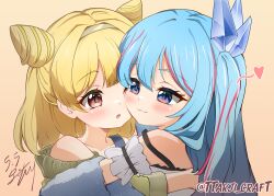 2girls absurdres aqua_hair bare_shoulders blonde_hair blue_eyes blush camisole card_game closed_mouth collarbone double_bun duel_monster hair_between_eyes hair_bun hairband heart highres hug kodomo_no_hi long_hair looking_at_another multiple_girls rilliona_(yu-gi-oh!) short_hair simple_background smile ttakji_craft twitter_username white_camisole witch witchcrafter_madame_verre witchcrafter_potterie yu-gi-oh!