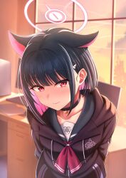 1girl animal_ears black_choker black_hair black_jacket blue_archive blush cat_ears choker closed_mouth commentary_request commission evening extra_ears hair_ornament hairclip halo highres hood hood_down hooded_jacket indoors jacket kazusa_(blue_archive) long_sleeves looking_at_viewer neckerchief okaka_factory pink_hair red_eyes red_neckerchief school_uniform short_hair skeb_commission smile solo standing table window