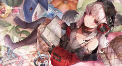 1girl animal_ears arknights black_gloves black_pantyhose book book_on_lap breasts cleavage fingerless_gloves frostleaf_(arknights) gloves grey_shirt headphones highres long_hair looking_at_viewer medium_breasts nail_polish ninjinshiru off-shoulder_shirt off_shoulder open_book pantyhose pillow red_nails shirt sitting smile solo stuffed_animal stuffed_shark stuffed_toy tail under_covers white_hair wolf_ears wolf_girl wolf_tail