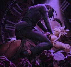 1boy 1girl ahoge akamatsu_kaede black_hair black_jacket blonde_hair buttons clock danganronpa_(series) danganronpa_v3:_killing_harmony dress flower from_behind hair_between_eyes hair_flower hair_ornament hair_over_eyes highres holding holding_rope implied_death jacket keropi_frog kneeling knees long_hair long_sleeves lying on_back pants purple_dress roman_numeral rope rose saihara_shuichi school_uniform sheet_music short_hair spoilers spotlight strangling white_flower