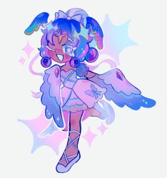 1girl blue_slushy_cookie cookie_run cookie_run:_ovenbreak didy414 dress feathered_wings half-harpy harpy head_wings highres humanization looking_at_viewer monster_girl open_mouth pink_hair purple_hair shoes short_hair simple_background smile solo white_background white_dress wings
