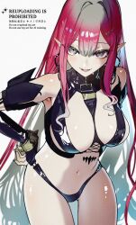 Rule 34 | 1girl, baobhan sith (fate), baobhan sith (second ascension) (fate), black panties, blush, bracelet, breasts, detached sleeves, earrings, fate/grand order, fate (series), grey eyes, hands on own hips, highres, hoop earrings, jewelry, kabosoi mangaka, long hair, looking at viewer, navel, open mouth, panties, pink hair, pointy ears, revealing clothes, sidelocks, smile, solo, spiked bracelet, spikes, underwear, white background