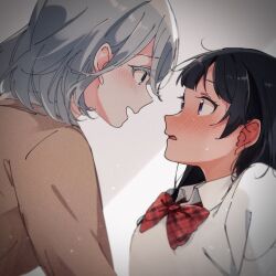 Rule 34 | 2girls, aotsubaki toto, black eyes, black hair, blush, borrowed character, bow, bowtie, brown sweater, collared shirt, colored eyelashes, commentary request, eye contact, grey hair, long hair, looking at another, medium hair, multiple girls, nose blush, open mouth, original, parted lips, plaid bow, plaid bowtie, plaid clothes, red bow, red bowtie, school uniform, second-party source, shirt, sweatdrop, sweater, upper body, white shirt, wing collar, yuri