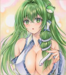 1girl 2424yume bare_shoulders blush breasts bubble_background cleavage collarbone collared_shirt detached_sleeves dot_nose facing_viewer frog_hair_ornament green_eyes green_hair hair_intakes hair_ornament hair_tubes highres huge_breasts kochiya_sanae long_hair long_sleeves looking_at_viewer marker_(medium) nail_polish open_clothes open_mouth open_shirt patterned_clothing pink_nails shirt single_hair_tube single_sidelock sleeveless sleeveless_shirt snake_hair_ornament solo touhou traditional_media upper_body wide_sleeves