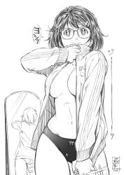 1girl ass bikini bikini_bottom_only blush bow breasts cleavage closed_mouth dated dead_or_alive dead_or_alive_xtreme dead_or_alive_xtreme_venus_vacation glasses gluteal_fold greyscale hiragoma jacket long_sleeves medium_hair mirror monochrome navel open_clothes open_jacket reflection signature simple_background sketch smile solo speech_bubble star-shaped_pupils star_(symbol) swimsuit symbol-shaped_pupils thigh_strap thighs tsukushi_(doa) white_background