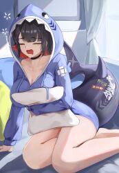 1girl absurdres arm_support bare_legs bedroom black_choker black_hair blue_pajamas breasts choker cleavage closed_eyes collarbone ellen_joe fins fish_tail highres ileong large_breasts long_sleeves mole mole_under_eye open_mouth pajamas pillow red_hair shark_girl shark_tail short_hair sleepy solo tail thighs zenless_zone_zero