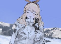1girl :d ^_^ aikatsu! aikatsu!_(series) bad_id bad_twitter_id blonde_hair blue_sky bow closed_eyes coat facing_viewer gloves hair_bow hairband highres hoshimiya_ichigo inactive_account long_hair long_sleeves mountain open_mouth outdoors red_hairband sky smile snow solo suiso_(owp) upper_body v winter_clothes