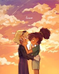 2girls amphibia anne_boonchuy blonde_hair blue_eyes blush brown_eyes brown_hair cloud dark-skinned_female dark_skin earrings english_text eye_contact eyewear_on_head green_shirt hair_ornament hair_scrunchie hand_on_another&#039;s_chin hand_on_another&#039;s_waist hands_on_another&#039;s_cheeks hands_on_another&#039;s_face hermi highres jacket jewelry leather leather_jacket long_skirt looking_at_another multiple_girls orange_sky ponytail purple_skirt sasha_waybright scrunchie shirt short_hair shorts signature skirt sky standing yuri