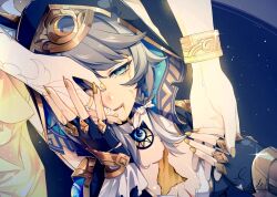 2girls aglaea_(honkai:_star_rail) animal_ears animal_hood black_hood black_leotard bleeding blood blood_from_mouth blood_on_face blue_eyes bracelet cat_ears cat_girl cat_hood cipher_(honkai:_star_rail) commentary_request deep_wound ears_through_hood grey_hair half-closed_eyes hand_on_another&#039;s_cheek hand_on_another&#039;s_face hand_on_another&#039;s_hand honkai:_star_rail honkai_(series) hood injury jewelry jingxinzhiyun leotard mole mole_on_chest multiple_girls yellow_blood yellow_nails