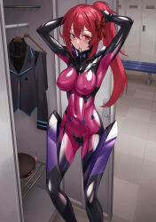 1girl adjusting_hair armored_bodysuit bench black_bodysuit bodysuit bow breasts clothes_hanger commentary_request cosplay covered_navel fortified_suit hair_bow hair_tie_in_mouth hat headgear highres impossible_bodysuit impossible_clothes kagami_sumika kagami_sumika_(cosplay) kurione_(zassou) large_breasts locker locker_room long_hair looking_at_viewer mecha_pilot_suit mouth_hold multicolored_bodysuit muv-luv muv-luv_alternative original pink_bodysuit ponytail red_eyes red_hair shiny_clothes skin_tight solo standing unworn_hat unworn_headwear