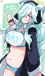 Rule 34 | 1girl, :q, belly, blue hair, blue shorts, blush, breasts, bright pupils, closed mouth, commentary request, cowboy shot, doubliel, food, green background, hair between eyes, hair over one eye, halo, highres, holding, holding ice cream cone, ice cream, ice cream cone, large breasts, long bangs, long hair, looking at viewer, mahjong fight girl, midriff, mole, mole on thigh, navel, nejirehifumi, pink eyes, plump, short shorts, shorts, smile, solo, sports bra, tongue, tongue out, traditional halo, white pupils, white sports bra, yellow halo