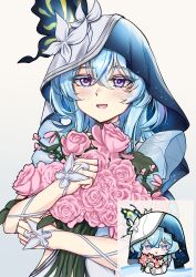 Rule 34 | 1girl, absurdres, bad id, bad twitter id, blue hair, blue veil, bouquet, colored eyelashes, commentary, derivative work, english commentary, flareza, flower, hair between eyes, highres, holding, holding bouquet, long hair, looking at viewer, official art inset, open mouth, pink flower, pink rose, purple eyes, rose, shorekeeper (wuthering waves), smile, solo, two-tone veil, upper body, veil, white veil, wuthering waves