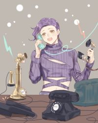Rule 34 | 1boy, antique phone, candlestick phone, cleavage cutout, clothing cutout, freckles, holding, holding phone, jojo no kimyou na bouken, long hair, male focus, phone, purple hair, rotary phone, solo, sweater, table, talking on phone, vento aureo, vinegar doppio, yellow eyes, yepnean
