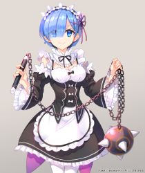 10s 1girl bad_id bad_pixiv_id ball_and_chain_(weapon) blue_eyes blue_hair detached_sleeves eyes_visible_through_hair female_focus flail frilled_sleeves frills hair_ornament hair_over_one_eye lips maid maid_headdress morning_star pantyhose purple_ribbon re:zero_kara_hajimeru_isekai_seikatsu rem_(re:zero) ribbon ribbon_trim siblings simple_background sisters solo standing trianon underbust weapon white_pantyhose x_hair_ornament