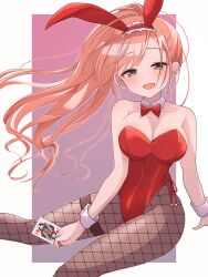1girl animal_ear_hairband animal_ears arisugawa_natsuha barefoot blush border bow bowtie breasts brown_pantyhose card cleavage covered_navel detached_collar earrings fake_animal_ears fishnet_pantyhose fishnets floating_hair hairband highleg highleg_leotard highres hiphighs holding holding_card idolmaster idolmaster_shiny_colors jewelry large_breasts leotard long_hair looking_at_viewer mamommmuuu official_alternate_costume orange_hair outside_border pantyhose playboy_bunny playing_card ponytail rabbit_ear_hairband rabbit_ears red_bow red_bowtie red_leotard smile solo strapless strapless_leotard thigh_strap very_long_hair white_border wrist_cuffs