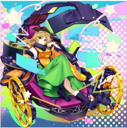 Rule 34 | 1girl, blonde hair, boots, breasts, brown hat, chair, closed mouth, constellation print, detached sleeves, full body, game cg, gaming chair, green skirt, hat, highres, long hair, long sleeves, looking at viewer, matara okina, matara okina (sorrow&#039;s exit), medium breasts, monitor, official art, orange sleeves, orange tabard, purple boots, rotte (1109), sitting, skirt, smile, solo, star (symbol), sun print, swivel chair, tabard, third-party source, touhou, touhou lostword, transparent background, very long hair, wheelchair, white background, wide sleeves, yellow eyes
