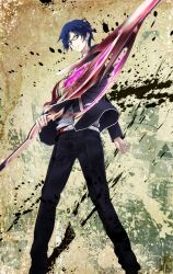 1boy belt belt_buckle black_jacket black_pants blazer blood blood_on_belt blood_on_leg blue_eyes blue_hair buckle chaos;child collared_shirt cry-planet d-sword floating_clothes full_body glasses hekiho_academy_school_uniform highres holding holding_sword holding_weapon jacket leather_belt long_sleeves looking_at_viewer male_focus miyashiro_takuru necktie pants red_necktie school_uniform serious shirt short_hair solo sword v-shaped_eyebrows weapon white_belt white_shirt white_trim