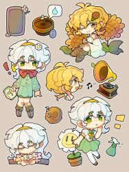! 2girls :d :o ;) antenna_hair bare_shoulders blonde_hair boots bow bowtie brown_background brown_eyes brown_shoes brown_socks bug_spray buttons chibi chibi_only chinese_commentary closed_eyes closed_mouth coin collared_shirt colored_eyelashes commentary_request cropped_head cropped_torso double-parted_bangs dress earrings fertilizer flipped_hair flower flower_pot green_dress green_eyes grey_boots hair_between_eyes hairband highres holding holding_flower ive0iv7307 jewelry knee_boots kneehighs knees_together_feet_apart leaf long_sleeves looking_ahead looking_at_viewer loose_socks low_ponytail marigold marigold_(plants_vs._zombies) medium_dress medium_hair multiple_girls multiple_views musical_note no_mouth no_pupils off-shoulder_dress off_shoulder one_eye_closed open_mouth outline personification phonograph plants_vs._zombies ponytail puffy_long_sleeves puffy_short_sleeves puffy_sleeves red_bow red_bowtie shirt shoes short_sleeves simple_background sitting smile snail socks standing standing_on_one_leg stinky_the_snail_(plants_vs._zombies) stud_earrings sunflower sunflower_(plants_vs._zombies) u_u white_dress white_eyelashes white_flower white_hair white_outline white_shirt yellow_bow yellow_bowtie yellow_hairband zzz
