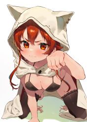 1girl animal_hood black_bra black_thighhighs blush bra breasts cleavage cloak closed_mouth commentary eris_greyrat frilled_thighhighs frills hair_between_eyes hand_up highres hood hood_up hooded_cloak light_smile long_hair looking_at_viewer medium_breasts mokkori mushoku_tensei paw_pose red_eyes red_hair simple_background smug solo thighhighs underwear v-shaped_eyebrows white_background white_cloak