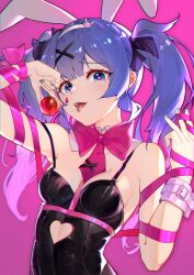 1girl absurdres alternate_costume animal_ear_hairband animal_ears aqua_nails arm_up belt_buckle between_breasts black_leotard blue_eyes blue_hair blunt_bangs bow bowtie breasts breasts_apart buckle chest_harness clothing_cutout collar commentary_request cutout_above_navel detached_collar fake_animal_ears hair_ornament hairband hairclip hand_up harness hatsune_miku heart heart-shaped_pupils highres impossible_clothes leotard long_hair looking_at_viewer medium_breasts necktie pink_background pink_bow pink_bowtie pink_necktie pink_ribbon playboy_bunny rabbit_ear_hairband rabbit_ears rabbit_hole_(vocaloid) ribbon saliva saliva_trail sidelocks simple_background solo stomach_cutout symbol-shaped_pupils teardrop_facial_mark teeth tongue tongue_out twintails upper_body upper_teeth_only vocaloid white_collar wrist_cuffs zuiai_gongzhu_dianxia