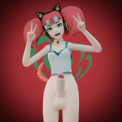 1futa 3d absurdres animal_ears aqua_eyes blush cat_ears cat_tail choker erection eye_contact futanari happy headphones highres just_hopeless_baka looking_at_another looking_at_viewer neon_katt open_mouth penis pov red_hair rwby solo tail testicles v