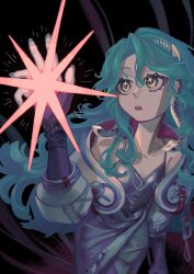 Rule 34 | 1girl, :o, bare shoulders, black background, blue hair, cowboy shot, dress, green eyes, grey dress, hand up, highres, higure (hgr817), hissabeth, jacket, long hair, looking at object, off shoulder, reverse:1999, sleeveless, sleeveless dress, snake, snake on head, solo, spaghetti strap, sparkle, sparkling eyes, very long hair, white jacket