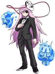 1girl absurdres alternate_costume black_footwear black_pants closed_mouth commentary commission cosplay eddybird55555 eyepatch formal_clothes full_body hata_no_kokoro highres long_hair long_sleeves looking_at_viewer majima_goro majima_goro_(cosplay) mask noh_mask pants pink_eyes pink_hair simple_background solo standing touhou white_background
