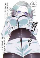 1girl aotsuki_eito black_bodysuit black_gloves blue_eyes bodysuit breasts crop_top eyelashes female_focus from_below genderswap genderswap_(mtf) glasses gloves jacket japanese_text large_breasts long_sleeves looking_at_viewer looking_down parted_lips shirt shorts solo solo_focus the_hundred_line_-last_defense_academy- translation_request white_background white_hair white_jacket white_shirt white_shorts zipper zipper_pull_tab