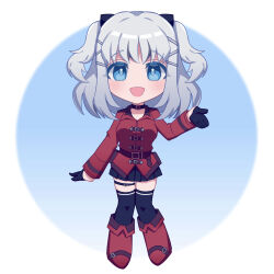 Rule 34 | 1girl, :d, absurdres, belt, belt buckle, belt collar, black belt, black gloves, black skirt, black thighhighs, blue background, blue eyes, blush, boots, breasts, buckle, chibi, chibi only, collar, freya (kingdom hearts), full body, gloves, gradient background, half gloves, highres, jacket, kingdom hearts, kingdom hearts missing-link, long sleeves, looking at viewer, medium breasts, medium hair, miniskirt, open mouth, pleated skirt, red boots, red jacket, red shoes, shoes, simple background, skirt, smile, thighhighs, twintails, two-tone background, two side up, w3n6ev, white background