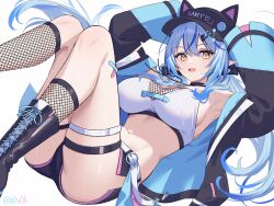 1girl armpits asymmetrical_legwear bandaid bandaid_on_leg baseball_cap black_boots black_choker black_shorts blue_hair boots breasts choker commentary_request crop_top double-parted_bangs fishnet_socks fishnet_top fishnets hair_between_eyes hands_up hat highres hololive jacket lace-up_boots large_breasts long_hair looking_at_viewer low_twintails midriff navel official_alternate_costume official_alternate_hairstyle open_clothes open_jacket open_mouth pointy_ears print_hat short_shorts shorts side_slit side_slit_shorts sleeves_past_fingers sleeves_past_wrists socks solo thigh_strap twintails uneven_legwear virtual_youtuber yellow_eyes you06 yukihana_lamy yukihana_lamy_(cyber)