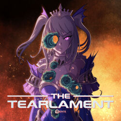 1girl artist_logo bare_shoulders bullet_hole commentary detached_sleeves duel_monster english_commentary english_text fusion gameplay_mechanics glowing glowing_eyes grey_hair king_of_the_swamp logo midnite_dreams missing_eye parody parted_lips pink_eyes solo tearlaments_scheiren terminator_(series) terminator_2:_judgment_day tiara twintails yu-gi-oh!
