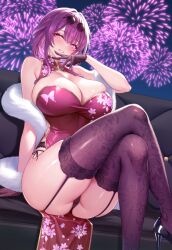 Rule 34 | 1girl, bare shoulders, blush, breasts, crossed legs, dress, eyewear on head, feather boa, fireworks, foot out of frame, glasses, gloves, hand up, high heels, highres, honkai: star rail, honkai (series), kafka (honkai: star rail), large breasts, looking at viewer, medium hair, panties, parted lips, pince-nez, purple dress, purple eyes, purple gloves, purple hair, purple panties, purple thighhighs, smile, solo, studiopokotan, thighhighs, thighs, underwear