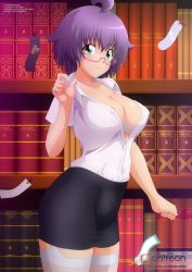 1girl black_skirt blush book bookmark bookshelf bra breasts cleavage collarbone garter_straps glasses green_eyes highres large_breasts librarian library looking_at_viewer open_clothes open_shirt purple_hair shirt short_hair short_sleeves skirt smile standing thighhighs underwear white_bra white_shirt white_thighhighs yukino_akaihi yukino_memories zel-sama