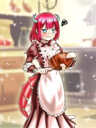 1girl aged_down apron blue_eyes blue_horns blurry blurry_background bowl breasts brown_dress cowboy_shot dragon_girl dragon_horns dragon_tail dress duel_monster highres holding holding_bowl horns kitchen kitchen_dragonmaid maid maid_day p-b-c_(dark_matter_kakine) red_hair red_tail short_hair small_breasts solo tail yu-gi-oh!