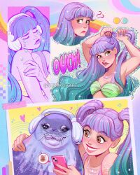 Rule 34 | 1girl, ?, ??, aqua hair, artist name, bra, brown hair, cellphone, english text, gradient hair, green bra, grin, headphones, highres, holding, holding phone, lila (luztapiaart), long hair, luztapiaart, multicolored hair, multiple views, original, phone, purple hair, seal (animal), smartphone, smile, sound effects, twintails, two-tone hair, underwear, watermark