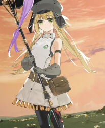 Rule 34 | 1girl, artoria caster (fate), artoria caster (first ascension) (fate), artoria pendragon (fate), bare shoulders, black pantyhose, blonde hair, breasts, brown bag, newsboy cap, commentary, cowboy shot, dress, expressionless, fate/grand order, fate (series), gloves, green eyes, grey gloves, grey hat, hat, highres, holding, holding staff, long hair, looking at viewer, mage staff, outdoors, pantyhose, rizu033, sky, sleeveless, sleeveless dress, small breasts, solo, staff, standing, twintails, white dress, yellow sky