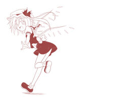 1girl back_bow bow flandre_scarlet from_side full_body happy hat hat_ribbon kazawa_(tonzura-d) looking_at_viewer looking_to_the_side medium_hair mob_cap monochrome open_mouth puffy_short_sleeves puffy_sleeves ribbon shirt shoe_soles short_sleeves simple_background skirt socks solo touhou vest wings