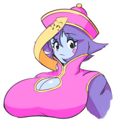 1girl 2017 arm_at_side blue_skin blush_stickers breasts capcom chinese_clothes cleavage cleavage_cutout clothing_cutout colored_skin commentary confused cropped_torso darkstalkers english_commentary female_focus hair_between_eyes hat hsien-ko jiangshi large_breasts looking_at_viewer mei-ling_(darkstalkers) monster_girl ofuda oogtarded pink_hat purple_hair qingdai_guanmao short_hair simple_background solo spiked_hair tareme upper_body white_background