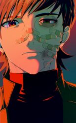 1boy bandaid bandaid_on_cheek bandaid_on_face bandaid_on_nose blue_background brown_hair bruise bruise_on_cheek bruised_eye close-up commentary gradient_background green_eyes gundam gundam_gquuuuuux highres injury looking_at_viewer male_focus mole mole_under_mouth red_background shirt short_hair simple_background solo symbol-only_commentary turtleneck xavier_olivette yang_gallae