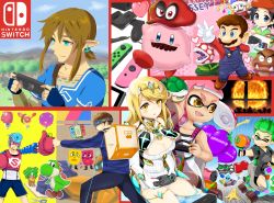 3girls 4boys absurdres adeleine ao_hito armor arms_(game) blonde_hair blue_eyes blue_hair blush breasts brown_hair cappy_(mario) cleavage crossover dark_skin dress facial_hair gloves goomba hat highres inkling inkling_boy inkling_girl inkling_player_character jewelry kirby kirby_(series) kirby_64 large_breasts link long_hair mario mario_(series) metroid multiple_boys multiple_girls mustache mythra_(xenoblade) nintendo nintendo_switch overalls pink_hair pointy_ears pompadour samus_aran short_hair smile splatoon_(series) splatoon_2 spring_man_(arms) suction_cups super_mario_odyssey super_smash_bros. tentacle_hair the_legend_of_zelda the_legend_of_zelda:_breath_of_the_wild toaster_(arms) white_gloves wings xenoblade_chronicles_(series) xenoblade_chronicles_2 yellow_eyes yoshi