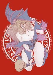1girl bare_shoulders blonde_hair blue_boots blue_hat blue_leotard boots bracer breasts broom broom_riding cleavage covered_navel dark_magician_girl eyelashes glasses green_eyes hair_between_eyes hand_on_headwear hat highleg highleg_leotard highres holding holding_wand jun_wu_mo large_breasts leotard long_hair looking_at_viewer multicolored_leotard narrow_waist open_mouth red-framed_eyewear revealing_clothes showgirl_skirt simple_background skirt solo strapless thick_thighs thighs tongue tongue_out wand wide_hips witch_hat yu-gi-oh!
