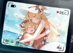 Rule 34 | 2girls, alice (genshin impact), bare shoulders, battery, blonde hair, blue sky, cloud, cloudy sky, cowlick, genshin impact, hat, highres, hug, klee (genshin impact), long hair, miik (xhsa3585), mother and daughter, multiple girls, ocean, one-piece swimsuit, open mouth, orange eyes, partially submerged, pointy ears, recording, red hat, red one-piece swimsuit, sky, smile, sunlight, swim ring, swimsuit, timestamp, viewfinder, water, water drop, white hat, wide brim
