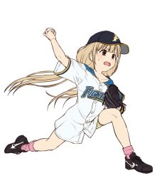 1girl baseball baseball_cap baseball_glove baseball_jersey black_footwear blonde_hair cleats female_focus full_body futaba_anzu hat hokkaido_nippon-ham_fighters idolmaster idolmaster_cinderella_girls jersey long_hair nigou nippon_professional_baseball pitching shorts solo striped_clothes striped_shorts sweatdrop very_long_hair