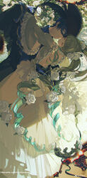 1boy 1girl absurdres arm_around_waist backless_dress backless_outfit bare_back black_feathers black_hat blue_eyes blue_gloves blue_hair blunt_bangs blurry burnt cantarella_(vocaloid) carnival_mask cheek-to-cheek choker closed_eyes closed_mouth dancing dress drill_hair feathers flower frilled_choker frilled_dress frilled_sleeves frills gloves gown green_hair hair_flower hair_ornament hat hat_feather hatsune_miku heads_together highres juliet_sleeves kaito_(vocaloid) long_sleeves looking_at_viewer mask mask_on_head outstretched_arms parted_lips puffy_sleeves ribbon ribbon_trim rose short_hair sidelocks spread_arms twin_drills twintails very_short_hair vocaloid waltz_(dance) watermark weibo_username weibo_watermark white_dress white_flower white_gloves white_rose wide_sleeves z3zz4