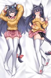 1girl 2024 animal_ears bed_sheet black_hair black_panties blush cat_ears cat_girl cat_tail dakimakura_(medium) dvdraw indie_virtual_youtuber looking_back panties sheet_grab shirt skirt socks ssrneko tail toe_socks underwear white_socks yellow_shirt
