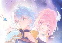 Rule 34 | 1boy, 1girl, ahoge, armor, black choker, blue eyes, choker, coat, cyrene (honkai: star rail), dress, hair ornament, hashtag-only commentary, highres, honkai: star rail, honkai (series), jewelry, necklace, open mouth, pauldrons, phainon (honkai: star rail), pink hair, purple coat, shiita34, short hair, shoulder armor, single pauldron, white dress, white hair