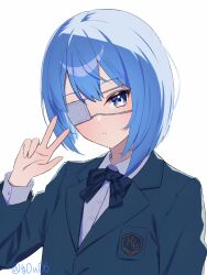 1girl blazer blue_eyes blue_hair closed_mouth collared_shirt commentary_request double-parted_bangs expressionless eyepatch hair_between_eyes highres hololive hoshimachi_suisei jacket kireigoto_(hoshimachi_suisei) lapels long_sleeves looking_at_viewer medical_eyepatch notched_lapels school_uniform shirt short_hair simple_background solo star_(symbol) star_in_eye symbol_in_eye upper_body virtual_youtuber w white_background white_shirt you06