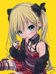 Rule 34 | 1girl, absurdres, arm tattoo, armpit crease, belt, black belt, black bow, black collar, black jacket, black shirt, black thighhighs, blonde hair, bow, breasts, candy wrapper, closed mouth, collar, commentary request, crop top, detached collar, earrings, frilled skirt, frills, glasses, green eyes, hair bow, heart, heart earrings, highres, invisible chair, jacket, jewelry, legwear garter, lollipop in mouth, long hair, long sleeves, looking at viewer, made in abyss, midriff, navel, open clothes, open jacket, pink shirt, pink thighhighs, plaid clothes, plaid skirt, red skirt, riko (made in abyss), ring, sekaineko 001, semi-rimless eyewear, shirt, sitting, skirt, small breasts, solo, striped clothes, striped shirt, striped thighhighs, studded belt, tattoo, thighhighs, twintails, two-tone shirt, two-tone thighhighs, under-rim eyewear, very long hair, white-framed eyewear