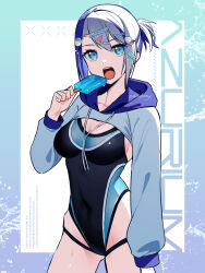 1girl artist_name black_one-piece_swimsuit blue_eyes blue_hair breasts cleavage competition_swimsuit covered_navel cowboy_shot food grey_hair hair_ornament hairclip highleg highres holding holding_food hood hood_down hoodie jacket jacket_over_swimsuit kazune_rain long_sleeves looking_at_viewer medium_breasts multicolored_hair multicolored_swimsuit one-piece_swimsuit open_mouth original ponytail popsicle see-through_clothes see-through_one-piece_swimsuit short_hair short_ponytail shrug_(clothing) signature solo standing streaked_hair swimsuit teeth two-tone_swimsuit upper_teeth_only